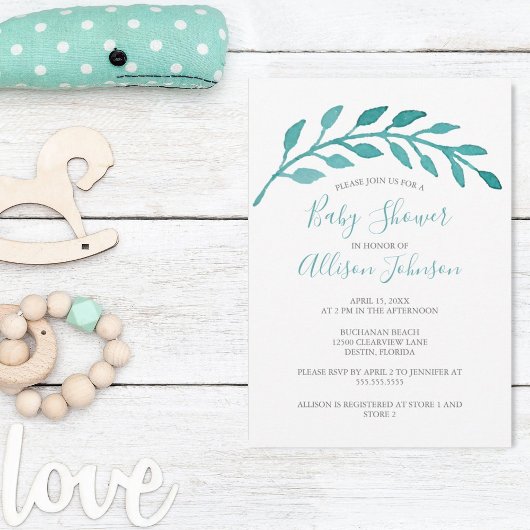Invitation Aquarelle simple et élégante Baby shower Turquoise