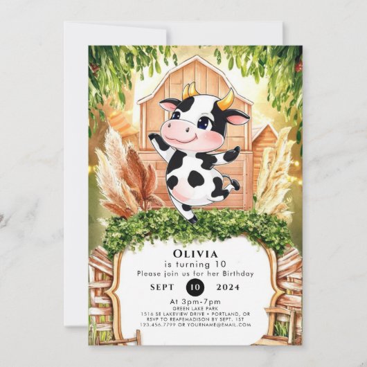 Invitation Aquarelle Simple Vache Anniversaire (Devant)