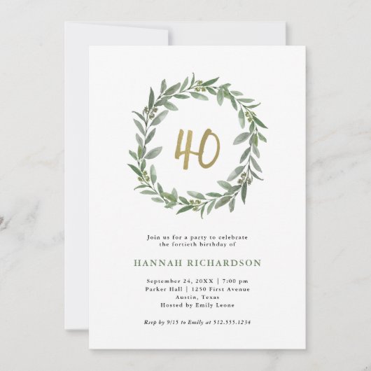 Invitation Aquarelle simple Verdure et or 40e anniversaire (Devant)