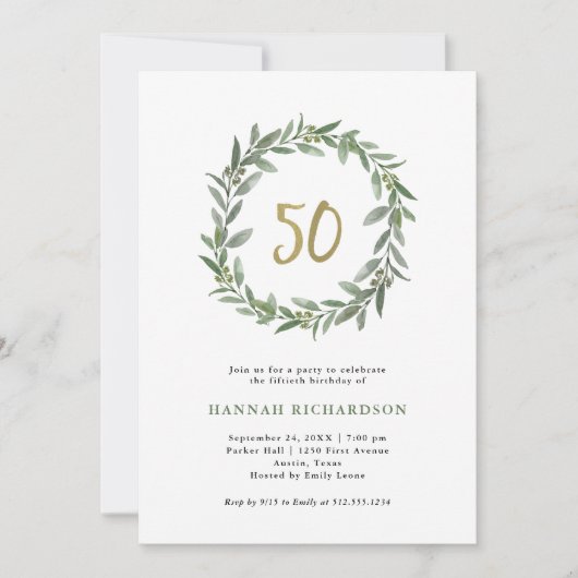 Invitation Aquarelle simple Verdure et or 50e anniversaire (Devant)