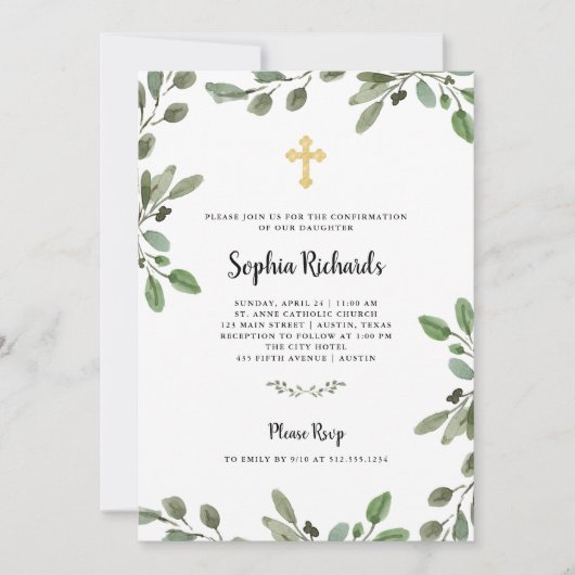 Invitation Aquarelle simple Verdure et or | Confirmations (Devant)