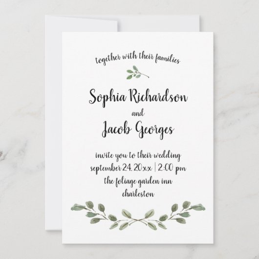 Invitation Aquarelle simple Verdure et script| Mariage (Devant)