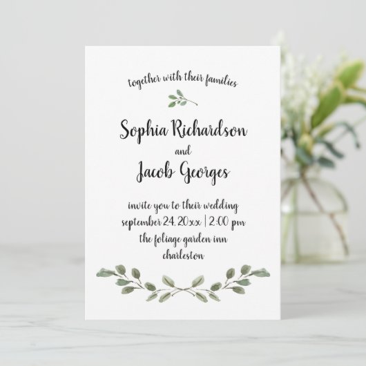 Invitation Aquarelle simple Verdure et script| Mariage (Debout devant)