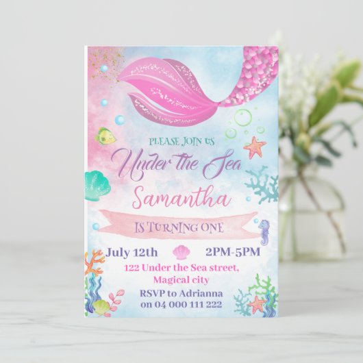 Invitation Aquarelle Sirène 1er 2e 3e 4e 5e anniversaire (Debout devant)