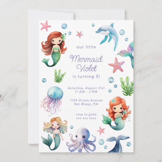 Invitation Aquarelle Sirène Anniversaire (Devant)