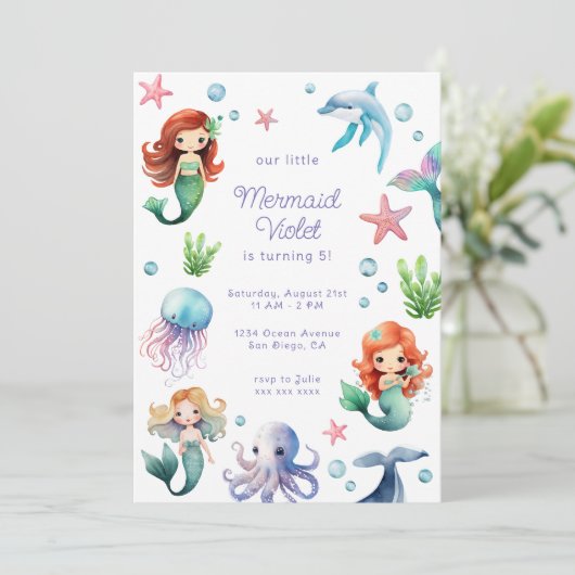 Invitation Aquarelle Sirène Anniversaire (Debout devant)