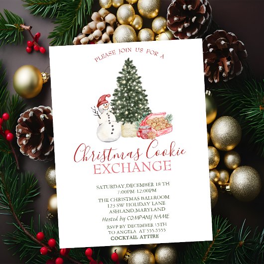 Invitation Aquarelle Snowman, Pine Tree, Cookies Noël