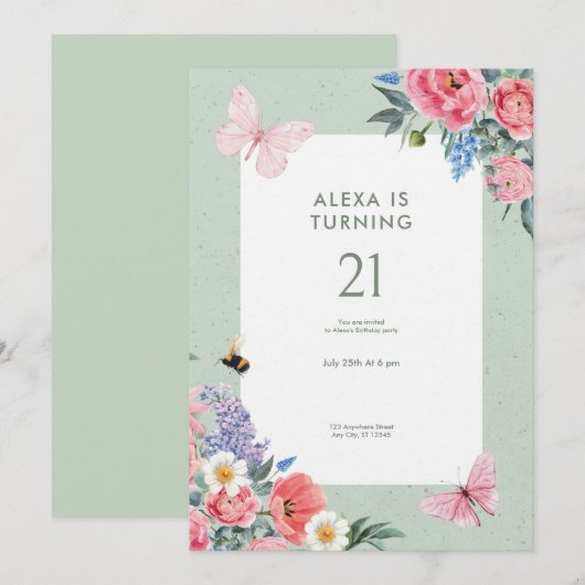 Invitation Aquarelle Soft Green (Devant / Derrière)