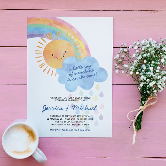 Invitation Aquarelle soleil et Baby shower arc-en-ciel