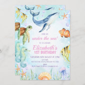 Invitation Aquarelle sous la mer Créatures 1er anniversaire (Devant / Derrière)