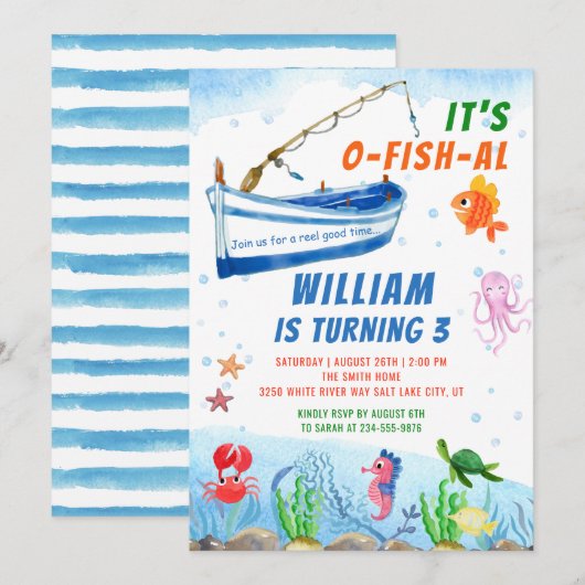 Invitation Aquarelle sous la mer Pêche en bateau Anniversaire (Devant / Derrière)