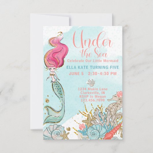Invitation Aquarelle sous la mer Sirène fête d'anniversaire (Devant)