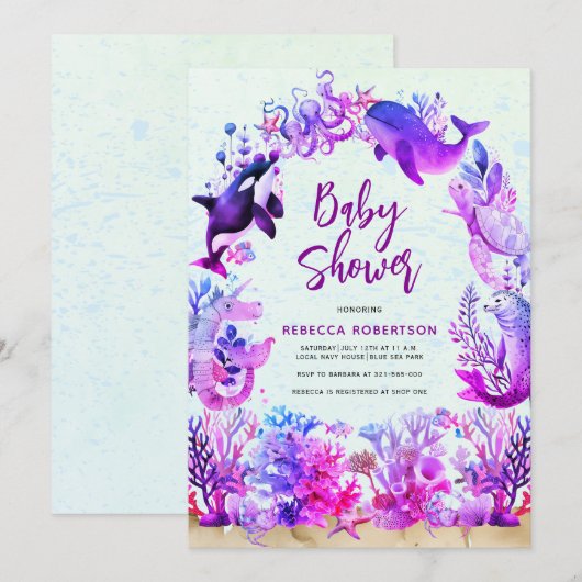 Invitation Aquarelle sous la mer violet Baby shower fille (Devant / Derrière)