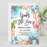 Invitation Aquarelle sous l'Anniversaire de enfant Sea Friend<br><div class="desc">Famille Invitation et amis sous la mer avec cette mignonne invitation anniversaire de enfant. Il présente des illustrations aquarelles d'une tortue mignonne, du crabe, de baleines et de coraux colorés. Cette invitation à la mer est parfaite pour des fêtes d'anniversaire de plage et d'été. Personnalisez en ajoutant les noms, la...</div>