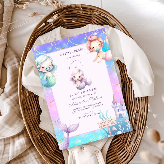 Invitation Aquarelle Sous Le Baby shower Sea Little Pearl