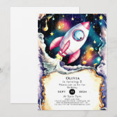 Invitation Aquarelle Space Rocket Anniversaire (Devant / Derrière)
