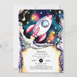 Invitation Aquarelle Space Rocket Anniversaire
