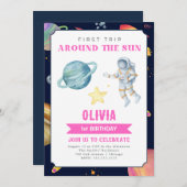 Invitation Aquarelle spatiale 1ère fille d'anniversaire (Devant / Derrière)