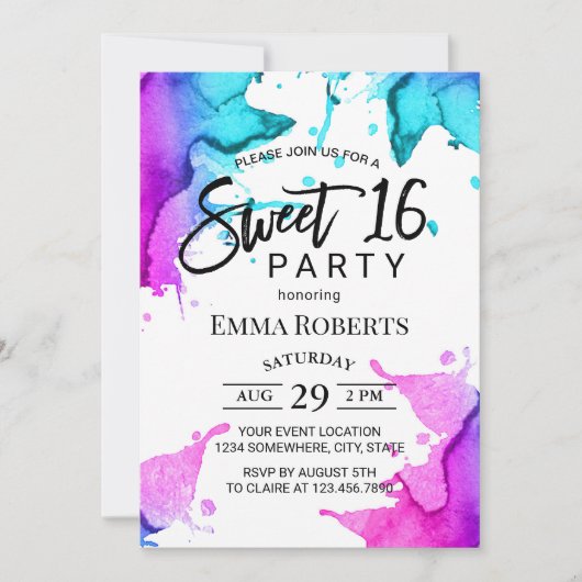 Invitation Aquarelle Splash Élégante Typographie Sweet 16 (Devant)