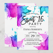Invitation Aquarelle Splash Élégante Typographie Sweet 16 (Devant / Derrière)