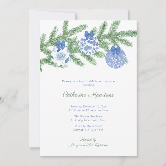 Invitation Aquarelle Spruce Bleu Baubles Blancs Fête des mari (Devant)