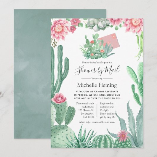 Invitation Aquarelle Succulent bébé ou Fête des mariées par c (Devant / Derrière)