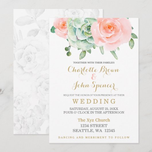 Invitation Aquarelle Succulent Blush Floral Élégant Mariage (Devant / Derrière)