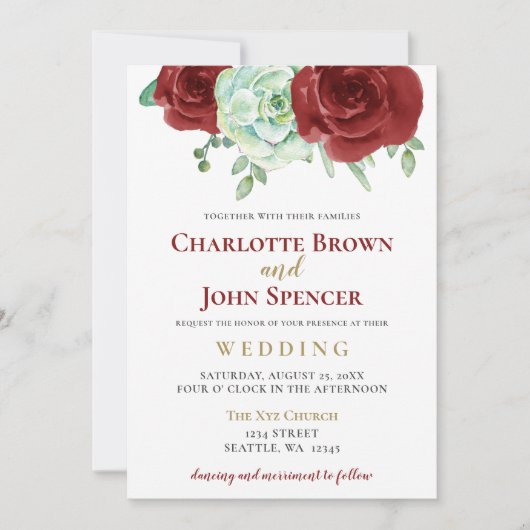 Invitation aquarelle succulent bordeaux or mariage floral (Devant)