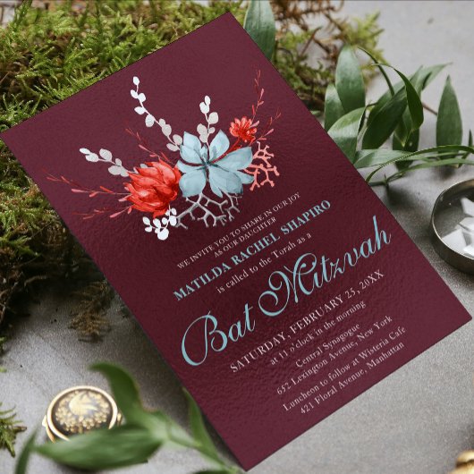 Invitation Aquarelle Succulent Floral Bat mitzvah botanique
