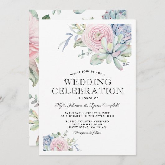 Invitation Aquarelle Succulent Pastel Floral Mariage (Devant / Derrière)