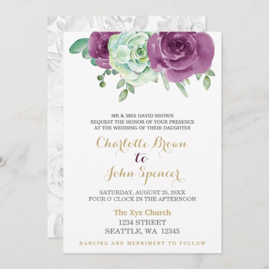 Invitation aquarelle succulent prune rose mariage (Devant / Derrière)