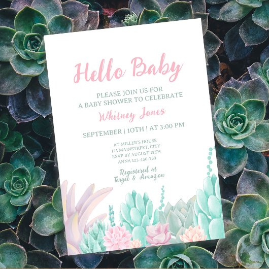 Invitation Aquarelle Succulente Baby shower fille rose et men