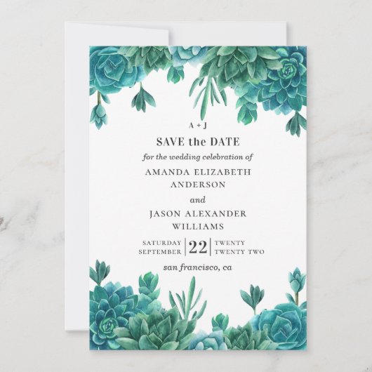 Invitation Aquarelle succulente. Cactus à fleurs mariage bleu (Devant)
