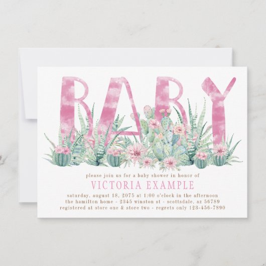 Invitation Aquarelle Succulente Cactus Bébé Fille Douche (Devant)
