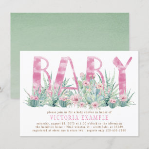 Invitation Aquarelle Succulente Cactus Bébé Fille Douche