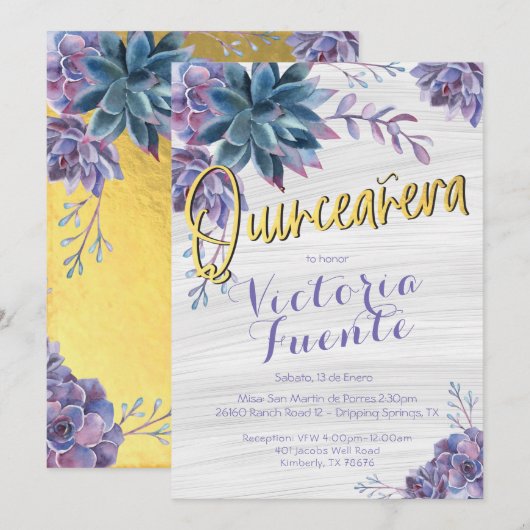 Invitation Aquarelle Succulente d'huile d'or Quinceañera (Devant / Derrière)