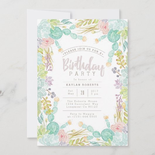 Invitation Aquarelle Succulente du jardin | Anniversaire (Devant)