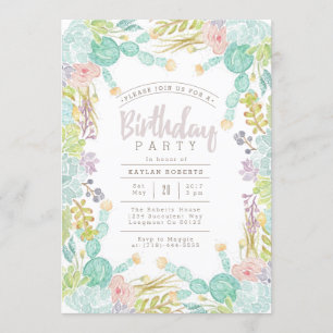 Invitation Aquarelle Succulente du jardin   Anniversaire