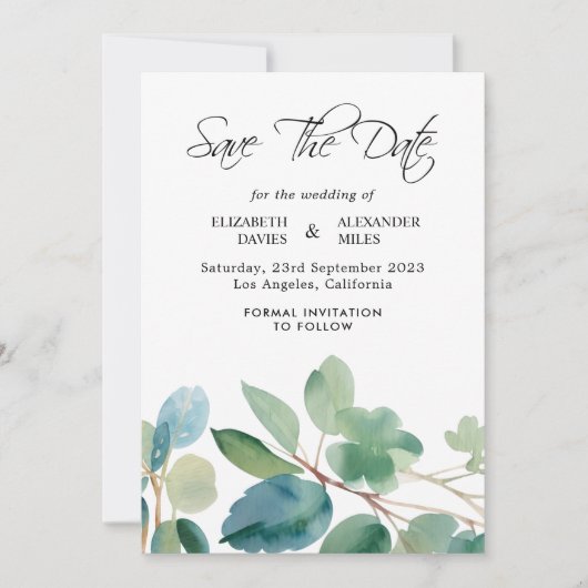 Invitation Aquarelle Succulente Eucalyptus Enregistrer la dat (Devant)