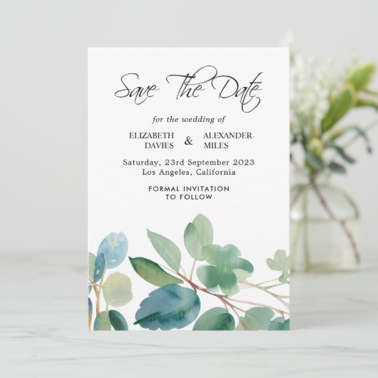 Invitation Aquarelle Succulente Eucalyptus Enregistrer la dat (Debout devant)