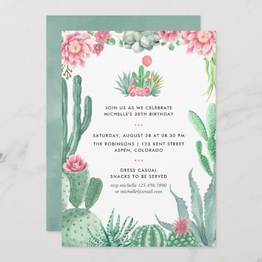 Invitation Aquarelle Succulente fête d'anniversaire (Devant / Derrière)
