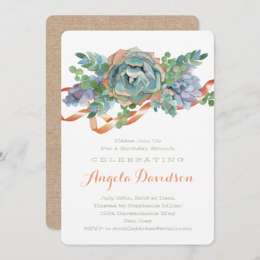 Invitation Aquarelle Succulente fête d'anniversaire Brunch (Devant / Derrière)