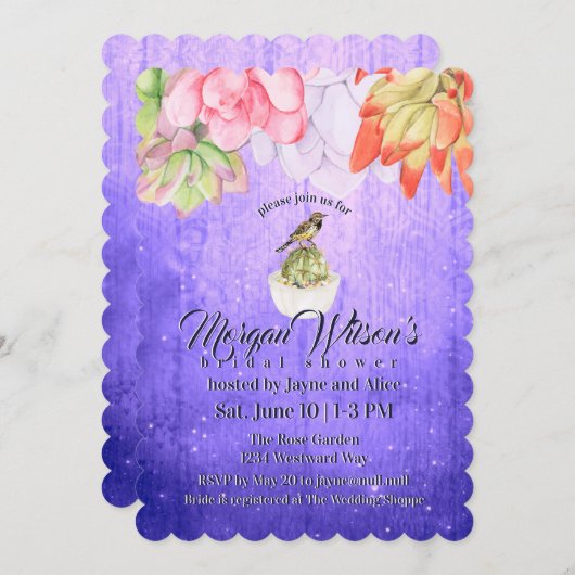 Invitation Aquarelle Succulente Fête des mariées pourpre d'oi (Devant / Derrière)