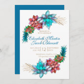 Invitation Aquarelle Succulente, Mariage turquoise profond (Devant / Derrière)