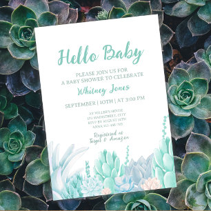 Invitation Aquarelle Succulente Monnaie Baby shower Garçon ve