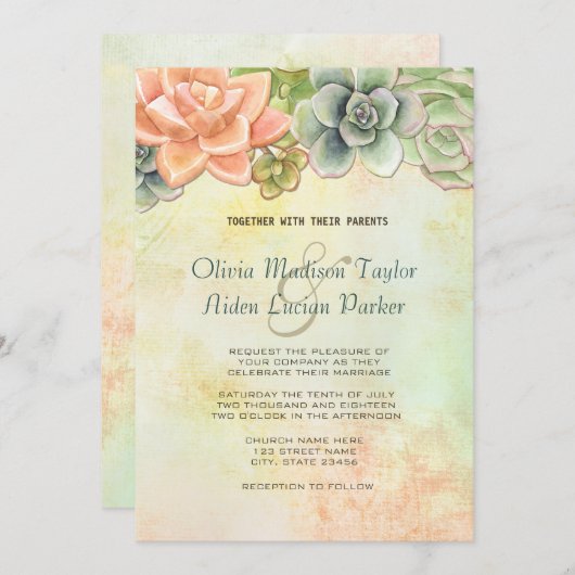 Invitation Aquarelle Succulente Pêche Mariage Florale (Devant / Derrière)