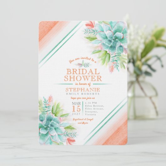 Invitation Aquarelle Succulente vert orange douche nuptiale (Debout devant)