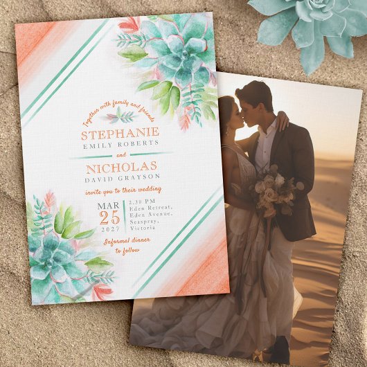 Invitation Aquarelle Succulente vert orange mariage photo