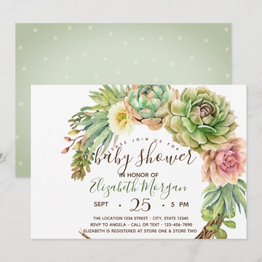 Invitation Aquarelle Succulentes, Cactus Points Bébé Shower (Devant / Derrière)