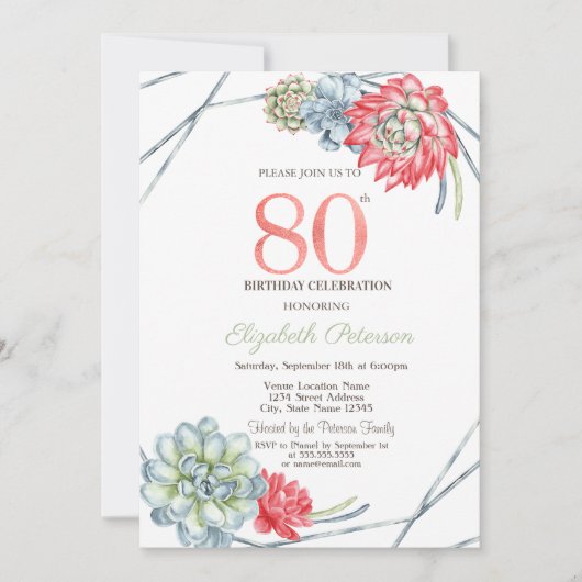 Invitation Aquarelle Succulentes Rouges du Désert 80e Anniver (Devant)